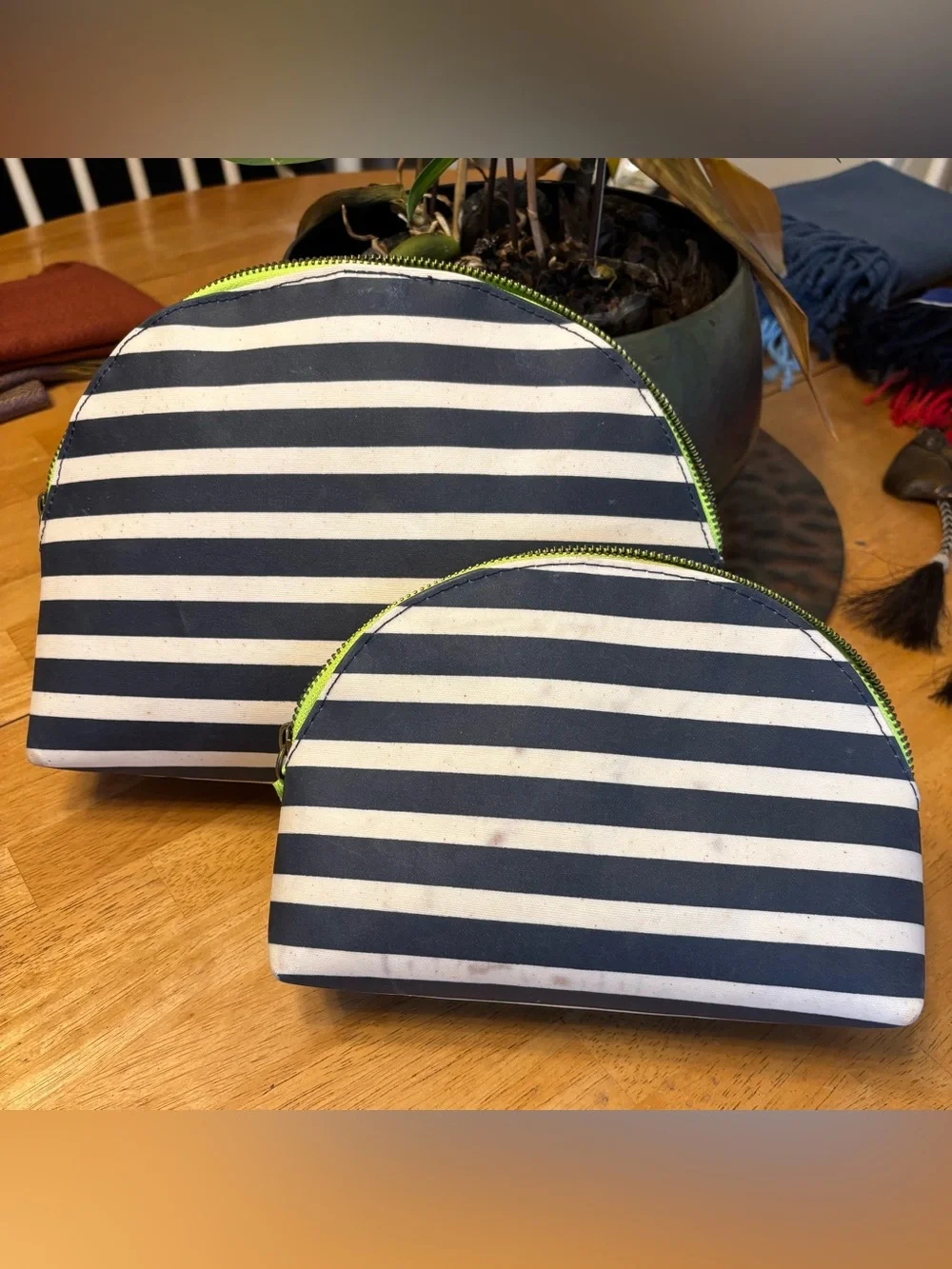 J. Crew Striped Makeup Bags with Lime Zipper